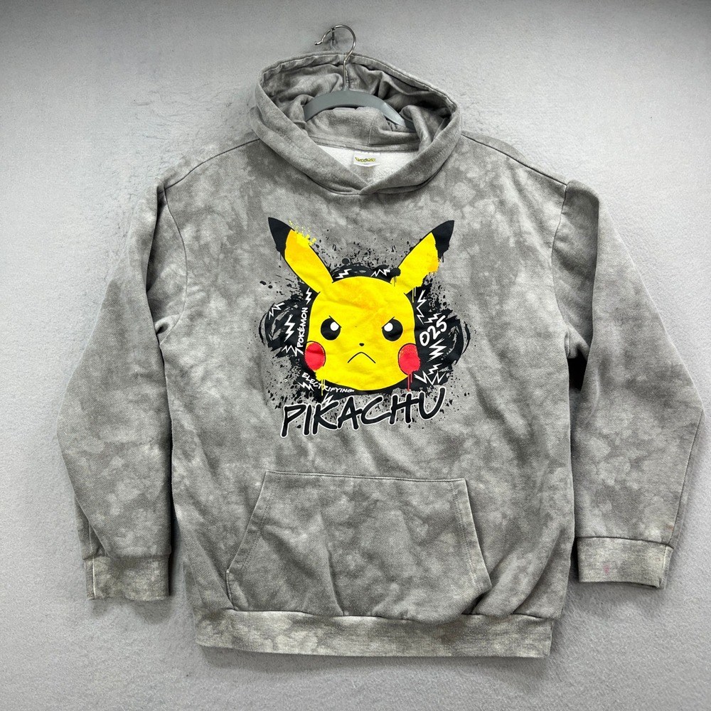 Pokemon Hoodie Kids Youth L Gray Tie Dye Pikachu Graphic Pullover Anime